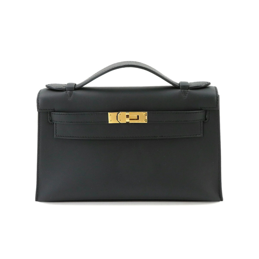 Hermes Pochette Kelly Swift Black Handbag with W stamp and gold hardware.